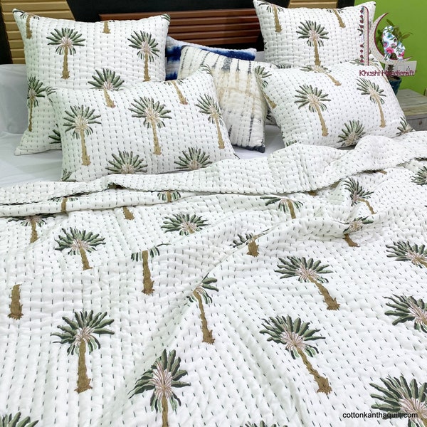 Gree Palm Tree cotton kantha quilt, hand block print India Bedding sets blanket, throw hand printed cotton kantha quilt