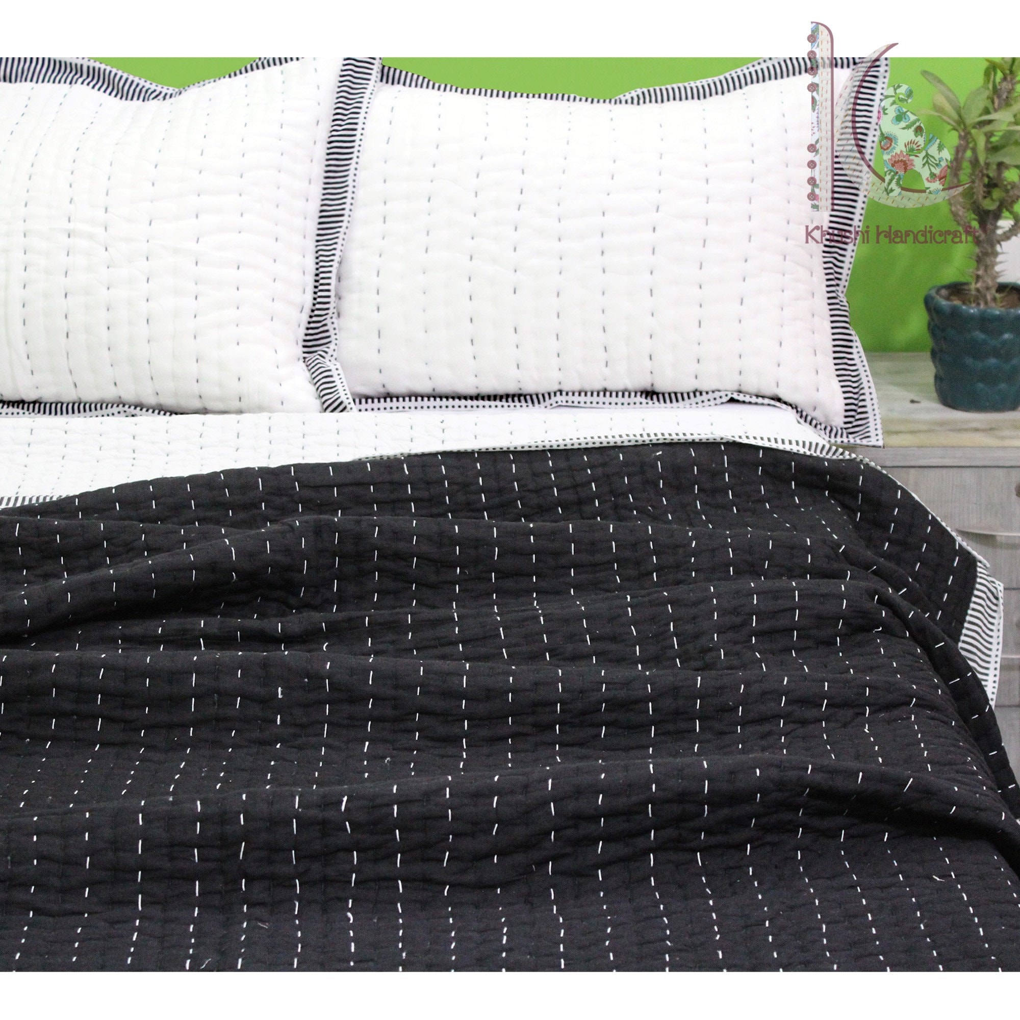 Solid Black White Kantha Quilt Cotton Quilt Handmade Etsy