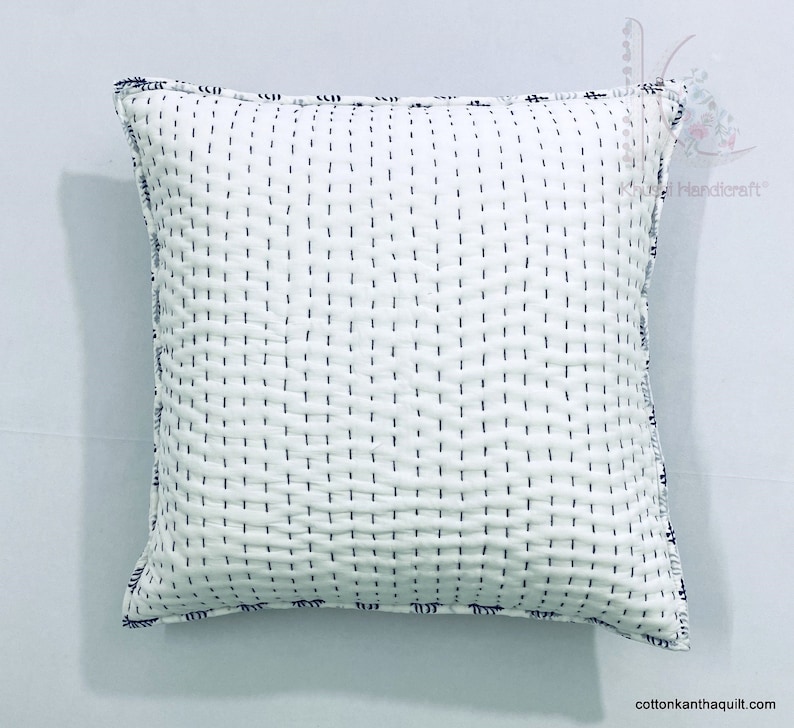 Hand Block Printed Cotton Kantha Cushion Cover CKQC#02 Hand Stitched Handmade Euro Shams