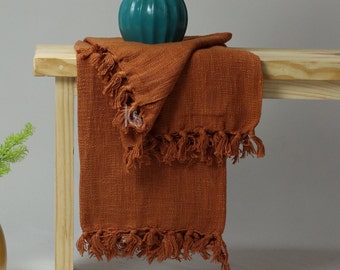 Manta de algodón tejida a mano: marrón liso, teñida a mano, decoración para sofá.