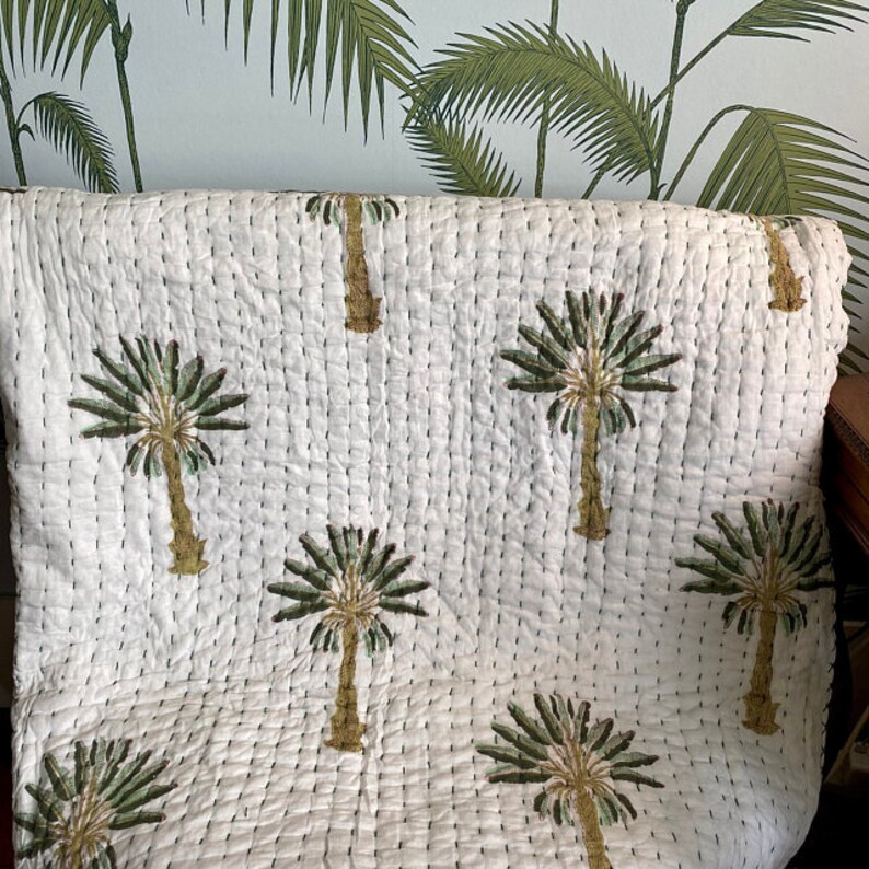 Green Palm Tree Quilt Hand Block Printed Baby Quilt 100% | Etsy