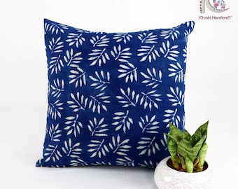 Hand Block Print Pillow Cover: Indigo Blue Cotton Cushion (16x16") INDP#04