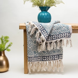 Moroccan Natural Tufted Throw, Boho Indian Throw Blanket With Tassels, Hand loomed Cotton Sofa Throw For Living Room, Printed Throw Blanket