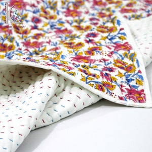 Baby Blanket, Kantha Baby Quilt, Block Printed Floral Print Cotton Baby Quilt, Natural Vegetable Color Nursery Blanket, Crib Bedding CKQ58 image 7