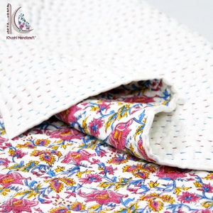 Baby Blanket, Kantha Baby Quilt, Block Printed Floral Print Cotton Baby Quilt, Natural Vegetable Color Nursery Blanket, Crib Bedding CKQ58 image 5