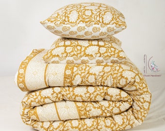 Senffarbener Bettbezug mit Handblockdruck, wendbarer Bettbezug aus Baumwolle, Deckenbezug, indische Bettdecke