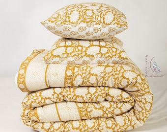Mustard Floral Hand Block Print Cotton Duvet Cover: Reversible Quilt Cover