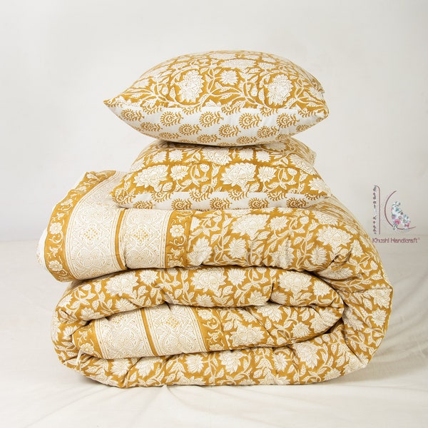 Senffarbener Bettbezug mit Handblockdruck, wendbarer Bettbezug aus Baumwolle, Deckenbezug, indische Bettdecke