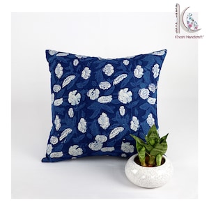 Indigo Floral Block Print Pillow Cover: Hand-Dyed Cotton Cushion INDP#02