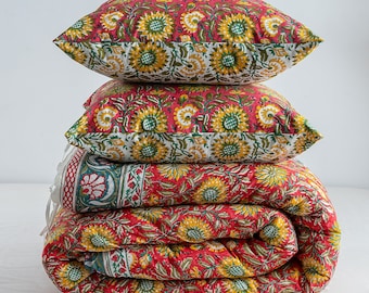 Hand Block Print Cotton Duvet Cover: Sun Floral Design Quilt Cover With Pillowcase,