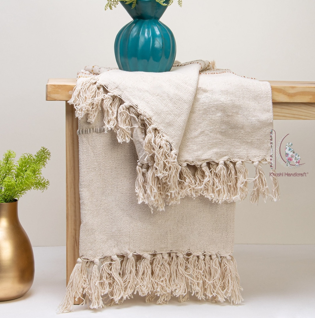 Ivory Cotton Twin Size Throw Hand Loomed Blanket Mud Cloth Handmade