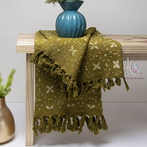 Handmade Olive Green Cotton Throw Blanket: Bohemian Block Print with Tassels