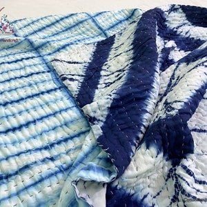 Beautiful Handmade Tie Dye Cotton Kantha Quilt, Indigo Hand Dyed Indian Blanket, Shibori Natural Color Quilt, Block Print Quilts CKQ#21