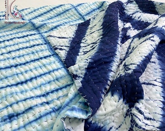 Beautiful Handmade Tie Dye Cotton Kantha Quilt, Indigo Hand Dyed Indian Blanket, Shibori Natural Color Quilt, Block Print Quilts CKQ#21