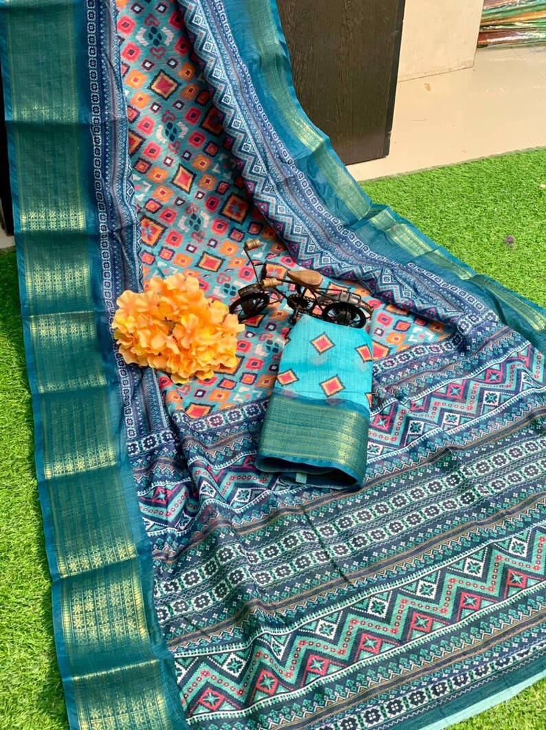 blue saree linen digital print with waeving border saree and blouse for women,indian saree,saree dress,traditional saree,wedding saree