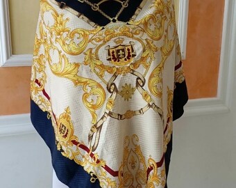 Foulard Vintage RENATO BALESTRA 100% Soie - Bleu Nuit - 86x88 Cm - Très Bon état