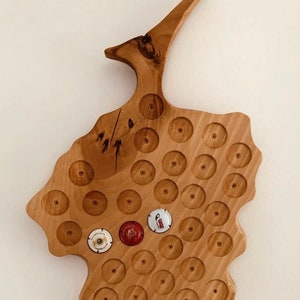 Champagne Cap / Muselets Display .. Display 30 of Your Bubbly memories! Natural wood handcrafted. rattling board