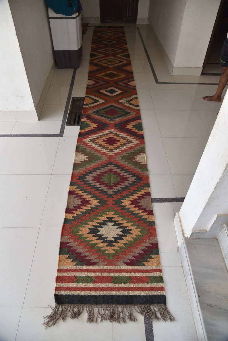 Rug,Indian Boho Rug,Eco Friendly Rugs. 2.5x20 Runner Wool Jute Custom Runner,Handwoven Navajo Kilim Carpets,Handmade Durry,Orientel