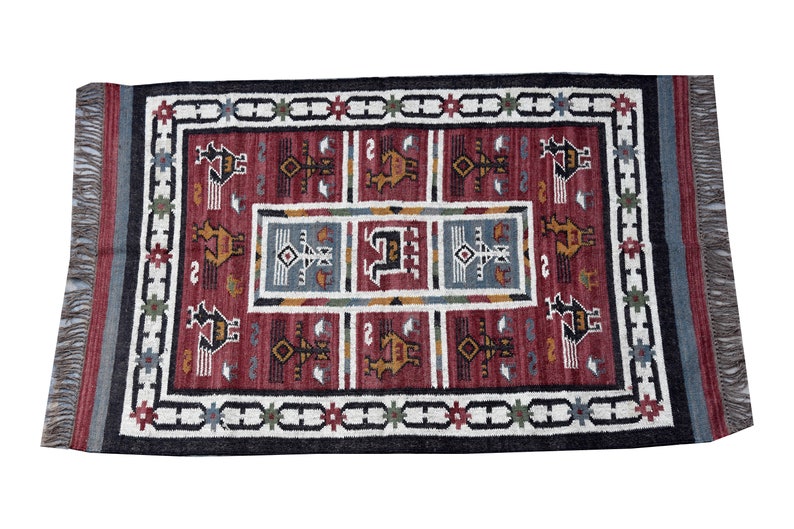 4 x 6 Feet Area Kilim Rug Accent Wool Jute Rug Handmade Dhurrie Traditional Indian Geometric Turkish Rug Home Decor Area Reversible Dari