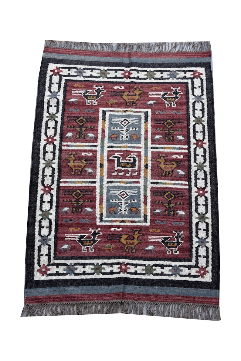 4 x 6 Feet Area Kilim Rug Accent Wool Jute Rug Handmade Dhurrie Traditional Indian Geometric Turkish Rug Home Decor Area Reversible Dari