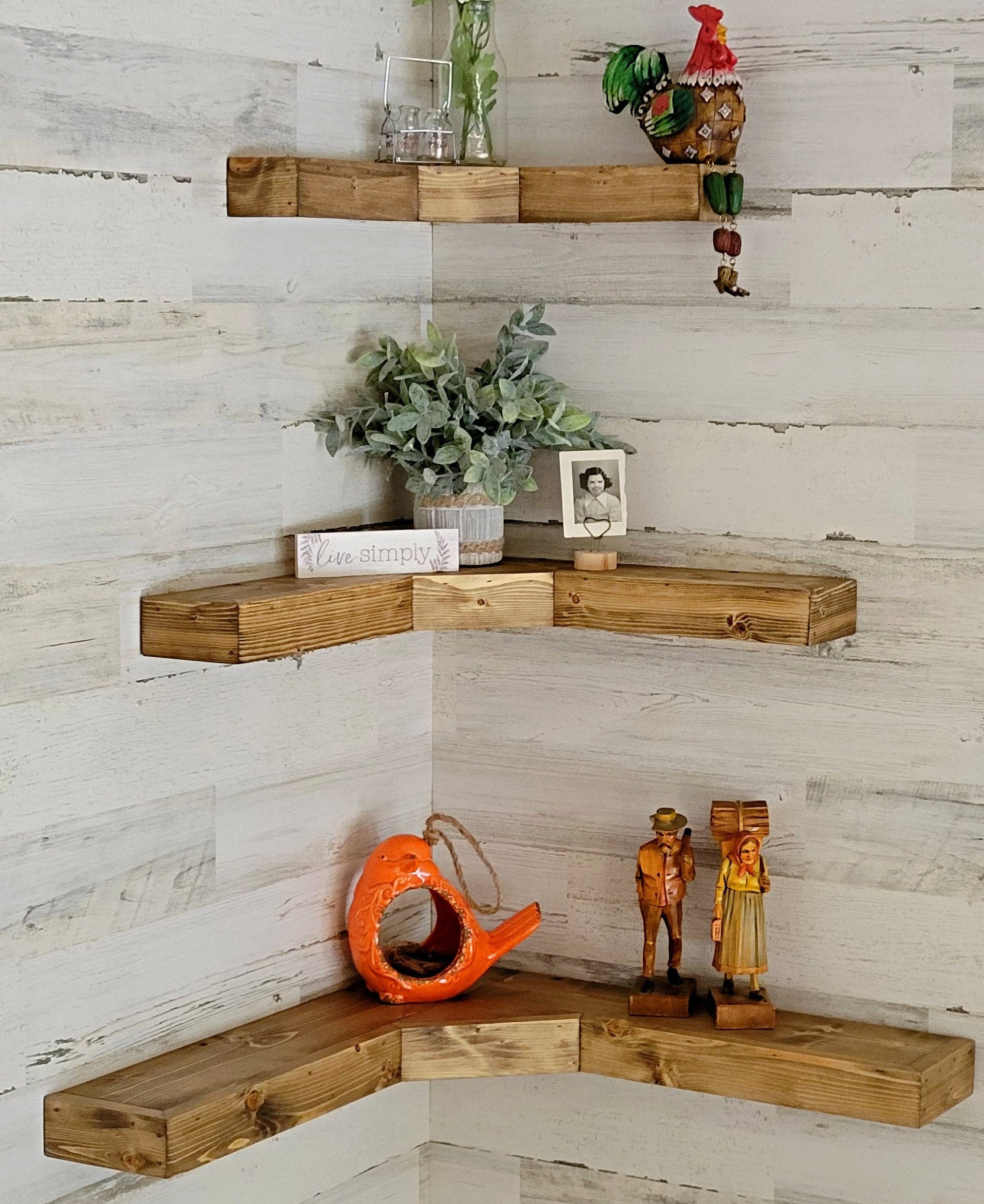 Tier Wall Mounted Rustic Pine Wood Floating Corner Shelves With Metal ...
