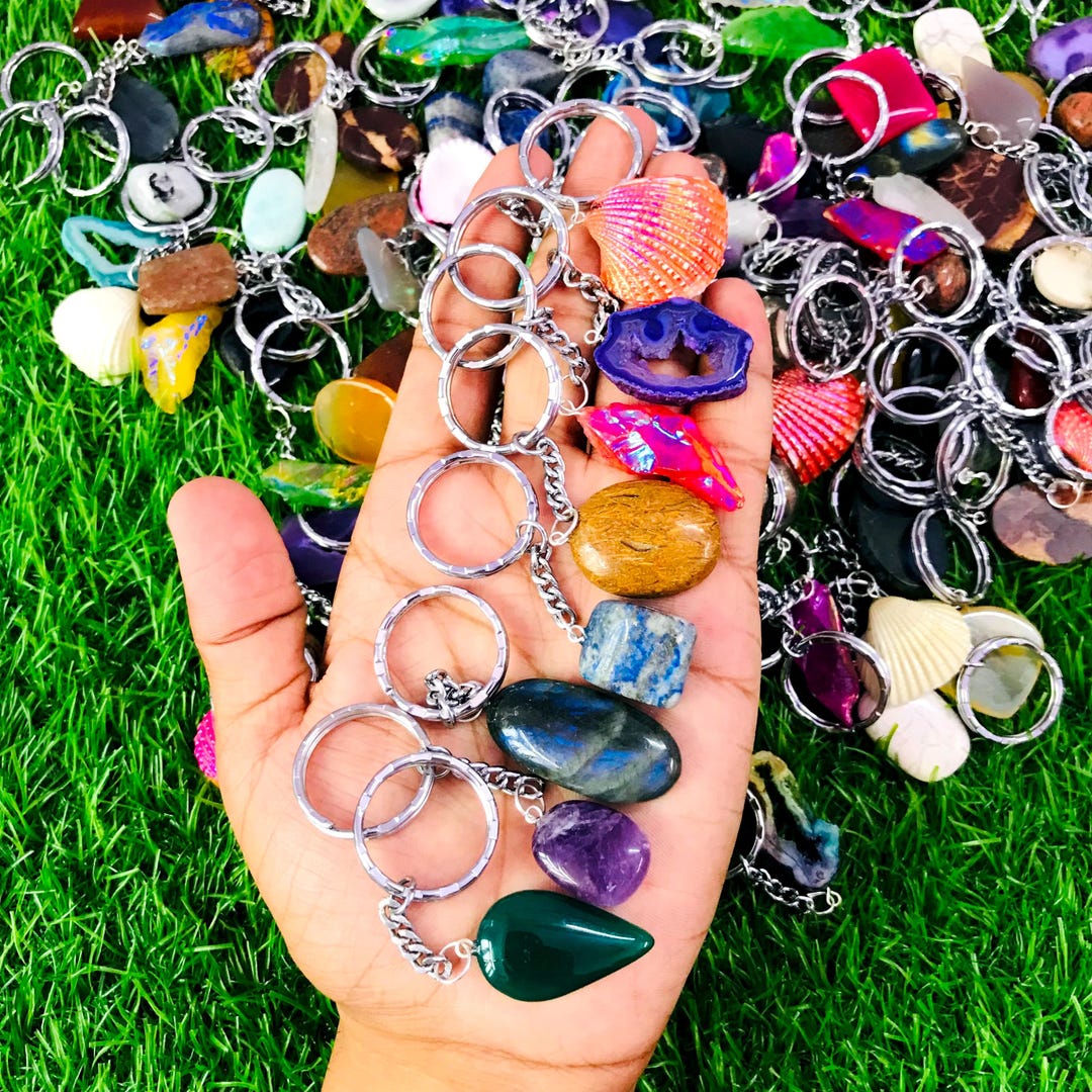 Natural Gemstone Key Ring: Mixed Stone Metal Keychain