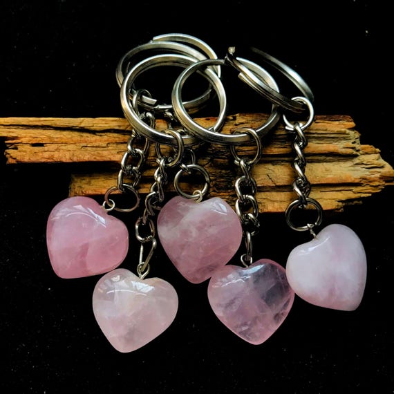 Rose Quartz Heart Keychains: Natural Gemstone Key Ring (10 Pieces)