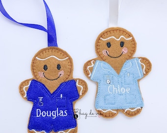 Personalized Gingerbread Nurse Ornament, Scrub Uniform, Key-worker Gift