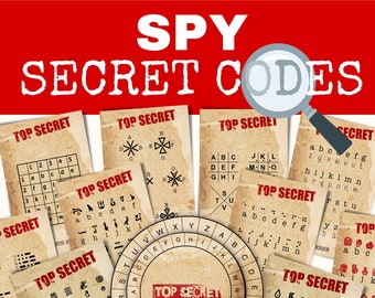 Spy Party Game, DIY Escape Room Prop. 11 ciphers and codes with editable text. Make secret treasure hunt clues. Edit easily online.