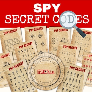 Spy Party Game, DIY Escape Room Prop. 11 ciphers and codes with editable text. Make secret treasure hunt clues. Edit easily online.