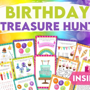 Indoor Birthday Treasure Hunt For Older Kids. Scavenger hunt. Colourful puzzles and clues to solve, fun birthday games and puzzles