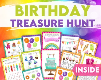 Indoor Birthday Treasure Hunt For Older Kids. Scavenger hunt. Colourful puzzles and clues to solve, fun birthday games and puzzles