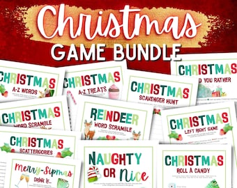 May include: A collection of printable Christmas games, including "A-Z Words", "A-Z Treats", "Word Scramble", "Scattergories", "Scavenger Hunt", "Reindeer Word Scramble", "Naughty or Nice", "Would You Rather", "Left Right Game", and "Roll a Candy".