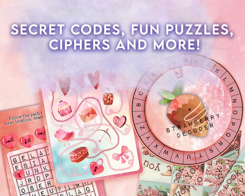 Kids Valentine's treasure hunt. Cute valentine's activity game for kids. Includes puzzles and secret codes. Find the valentines treasure. image 2