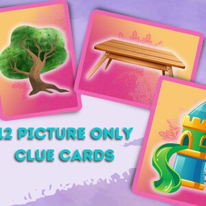 Kids escape room picture clue cards. A tree, table and slide clue.
