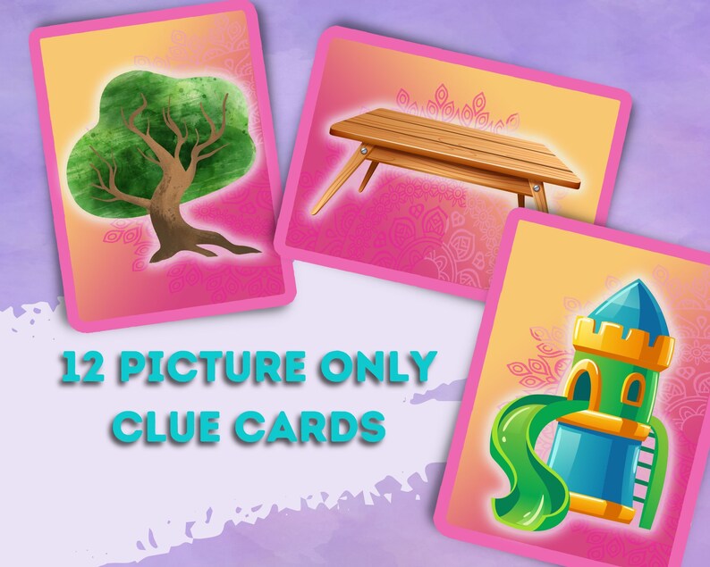 Kids escape room picture clue cards. A tree, table and slide clue.