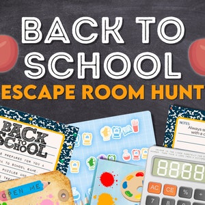Back To School Escape Room Hunt. Solve puzzles and clues and find the treasure. Fun back-to-school activity.