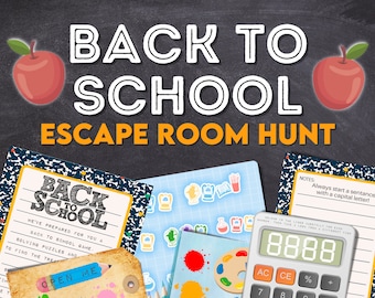 Back To School Escape Room Hunt. Solve puzzles and clues and find the treasure. Fun back-to-school activity.