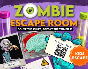 Zombie escape room printable kit for kids. Fun halloween Escape room party game, solve puzzles and clues. Family friendly puzzle game.