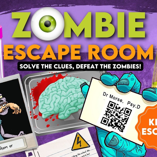 Zombie escape room printable kit for kids. Fun halloween Escape room party game, solve puzzles and clues. Family friendly puzzle game.