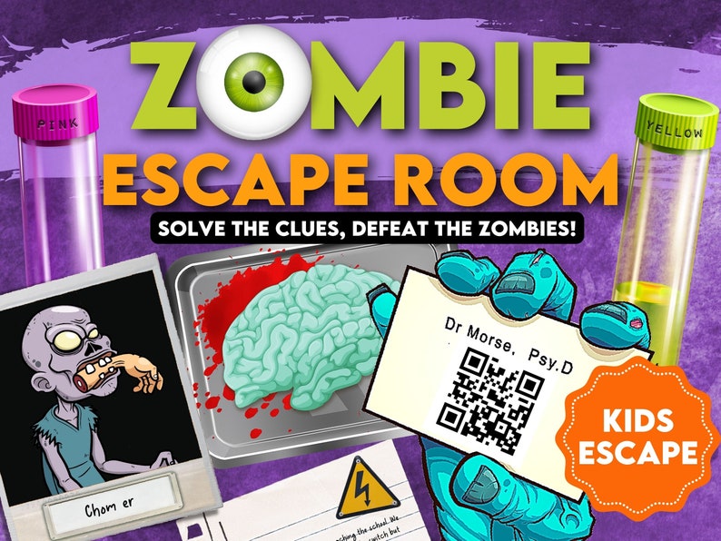 Zombie escape room printable kit for kids. Fun halloween Escape room party game, solve puzzles and clues. Family friendly puzzle game. image 1