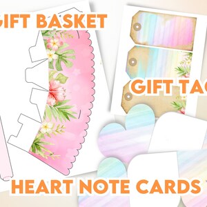 Op de afbeelding: Printbare DIY-knutselset met een roze en groene bloemenmand, drie aquarel-cadeauetiketten en hartvormige notitiekaarten met een regenboog-aquarelontwerp. De set bevat de tekst "Gift Basket", "Gift Tags" en "Heart Note Cards".