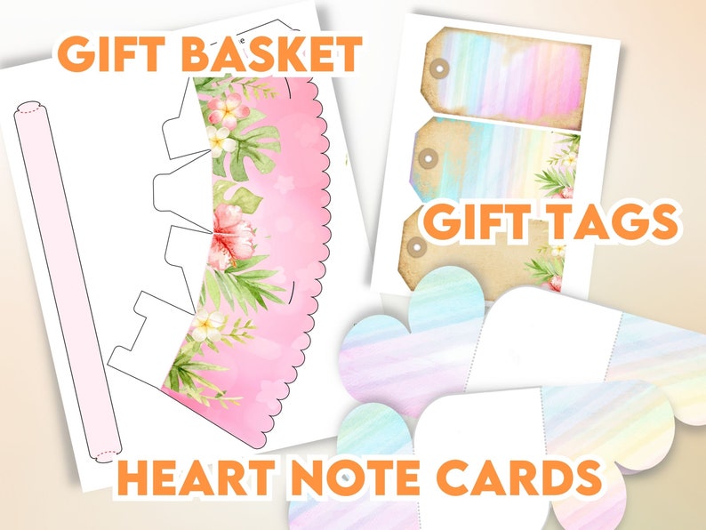 Op de afbeelding: Printbare DIY-knutselset met een roze en groene bloemenmand, drie aquarel-cadeauetiketten en hartvormige notitiekaarten met een regenboog-aquarelontwerp. De set bevat de tekst "Gift Basket", "Gift Tags" en "Heart Note Cards".