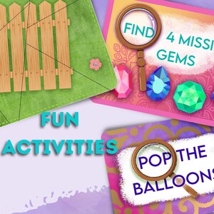 Kids escape room clues. Find the missing gems and pop the balloons.