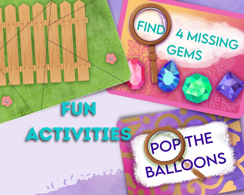 Kids escape room clues. Find the missing gems and pop the balloons.