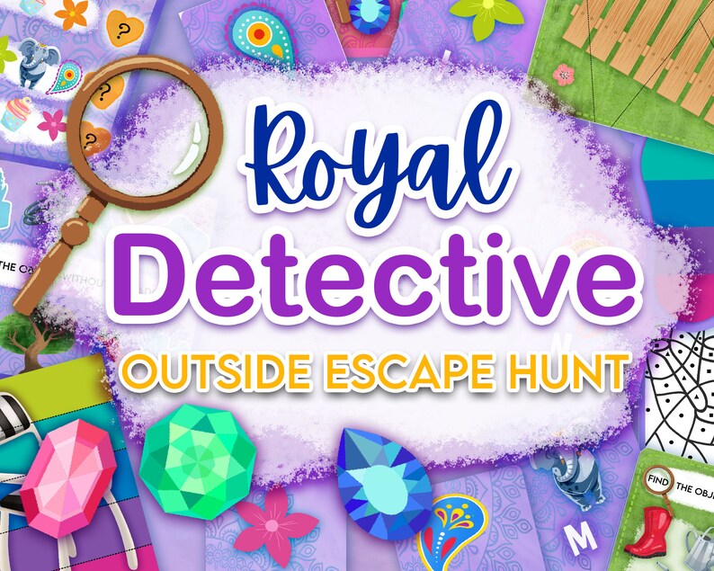 Kids Escape room game. Colourful and bright printable game. Inspired by Mira the royal detective.