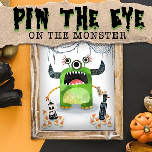 Halloween Game. Pin the eye on the monster Halloween party activity. Dawnload, Print and Play