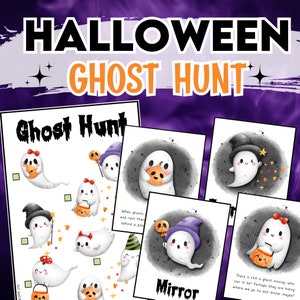 Halloween Scavenger Hunt. Ghost hunt kids party activity. Search and find the eight cute ghost characters. Hunt the ghost pictures.