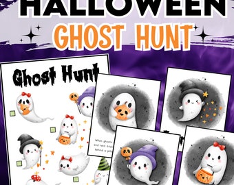 Halloween Scavenger Hunt. Ghost hunt kids party activity. Search and find the eight cute ghost characters. Hunt the ghost pictures.