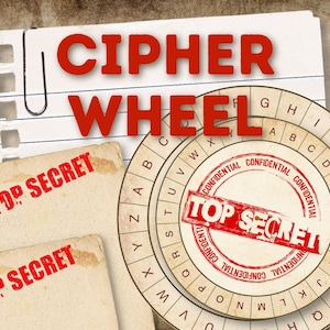 May include: A vintage-style cipher wheel with a red "TOP SECRET" stamp and the words "CIPHER WHEEL" printed in red on a piece of lined paper. The wheel has a circular design with letters of the alphabet around the edge.